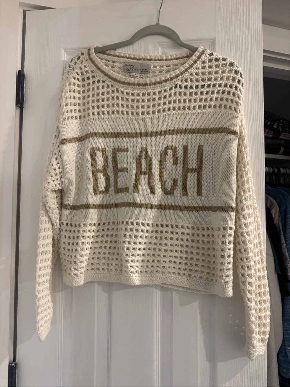 Vintage Cream Open-Knit Sweater with Tan BEACH Graphic